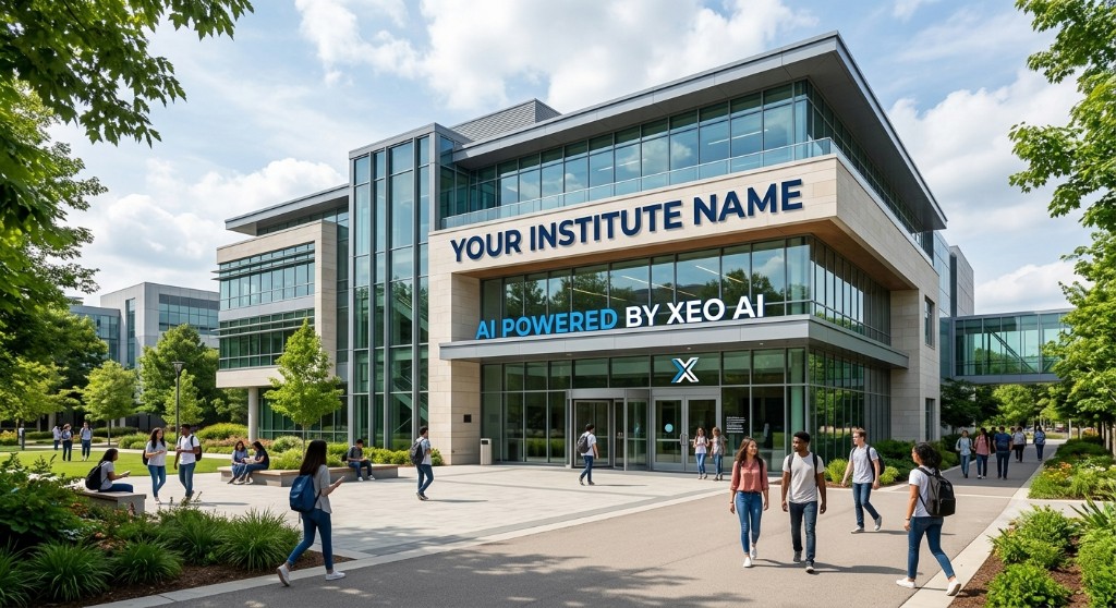 A modern campus building with a sign reading Your Institute Name — AI powered by XEO AI